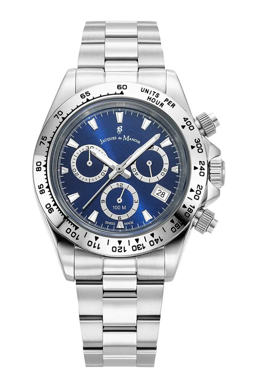 Jacques Du Manoir Swiss Phoenix Chrono 40mm 100m Water Resistant Blue Dial Stainless Steel Strap Watch