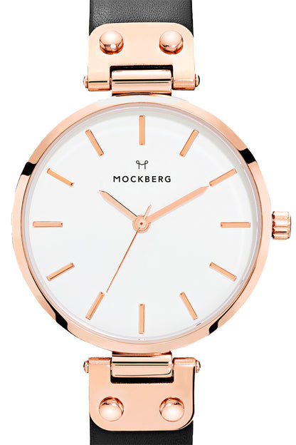 Mockberg Sigrid 34mm White Dial Rose Gold Case Black Leather Strap Watch