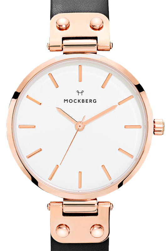 Mockberg Sigrid 34mm White Dial Rose Gold Case Black Leather Strap Watch