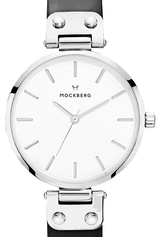 Mockberg Astrid 34mm White Dial Silver Case Black Leather Strap Watch