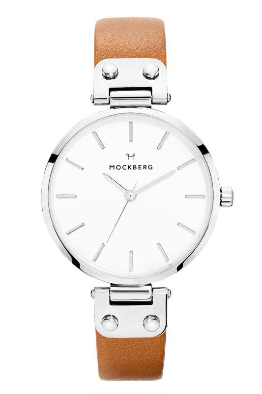 Mockberg Wera 34mm White Dial Silver Case Brown Leather Strap Watch