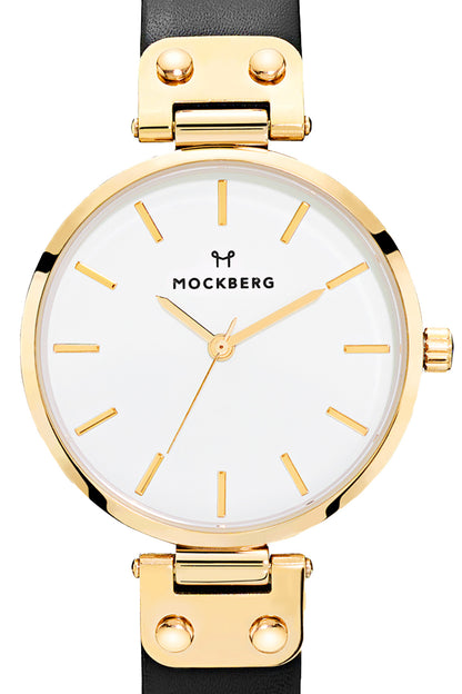 Mockberg Saga 34mm White Dial Gold Case Black Leather Strap Watch