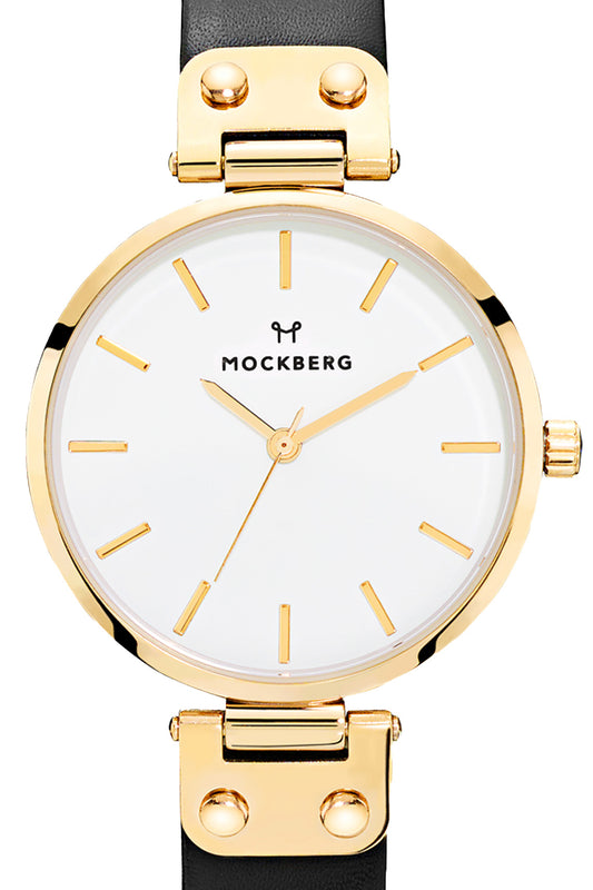 Mockberg Saga 34mm White Dial Gold Case Black Leather Strap Watch