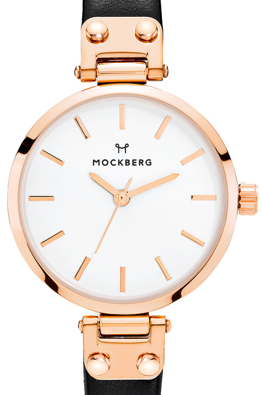 Mockberg Sigrid Petite 28mm White Dial Rose Gold Case Black Leather Strap Watch