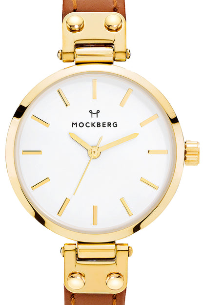 Mockberg Nora Petite 28mm White Dial Gold Case Brown Leather Watch