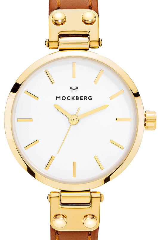 Mockberg Nora Petite 28mm White Dial Gold Case Brown Leather Watch