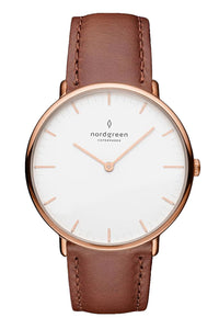 Nordgreen Native 28mm Rose Gold Case Brown Leather Strap Watch