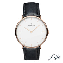 Load image into Gallery viewer, Nordgreen Native 32mm Rose Gold Case Black Leather Strap Watch