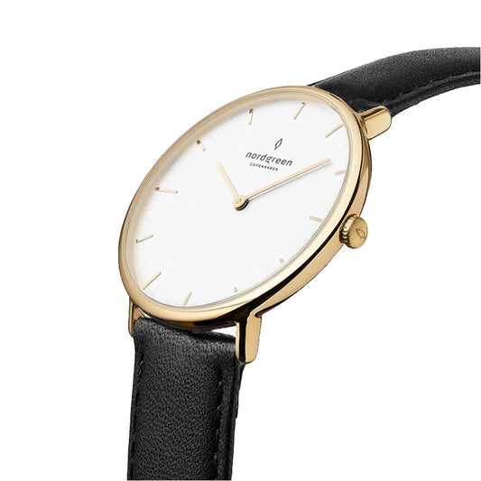 Nordgreen Native 36mm Yellow Gold Case Black Leather Strap Watch