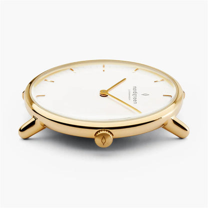Nordgreen Native 36mm Yellow Gold Case Black Leather Strap Watch