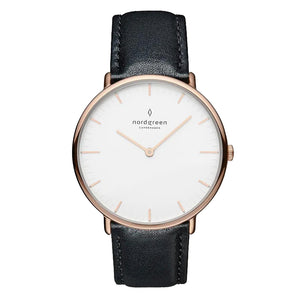 Nordgreen Native 36mm Rose Gold Case Black Leather Watch