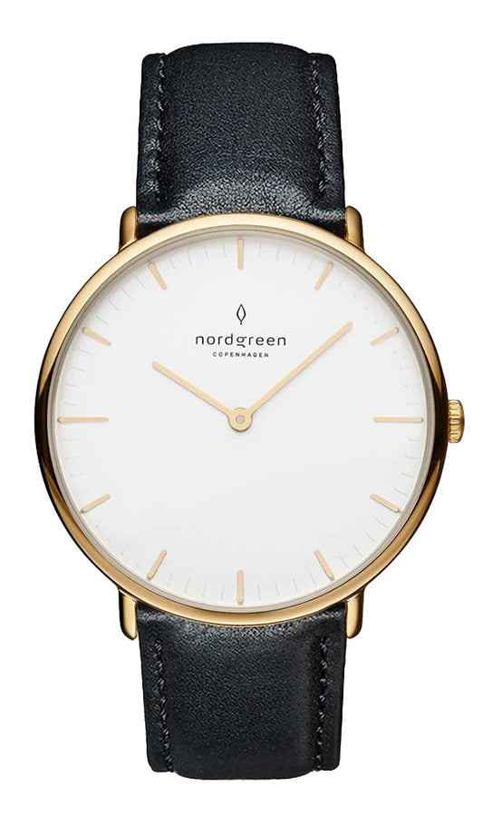 Nordgreen Native 40mm Yellow Gold Case Black Leather Watch