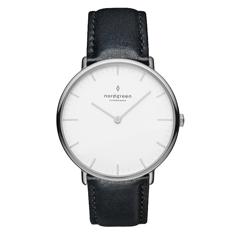 Nordgreen Native 40mm Silver Case Black Leather Watch