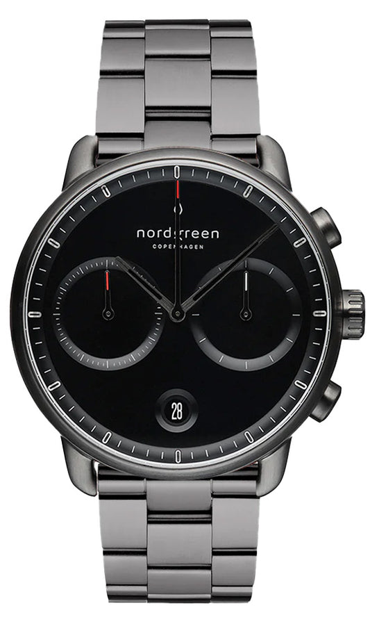 Nordgreen Pioneer 42mm Black Chronograph with Gun Metal Strap Watch