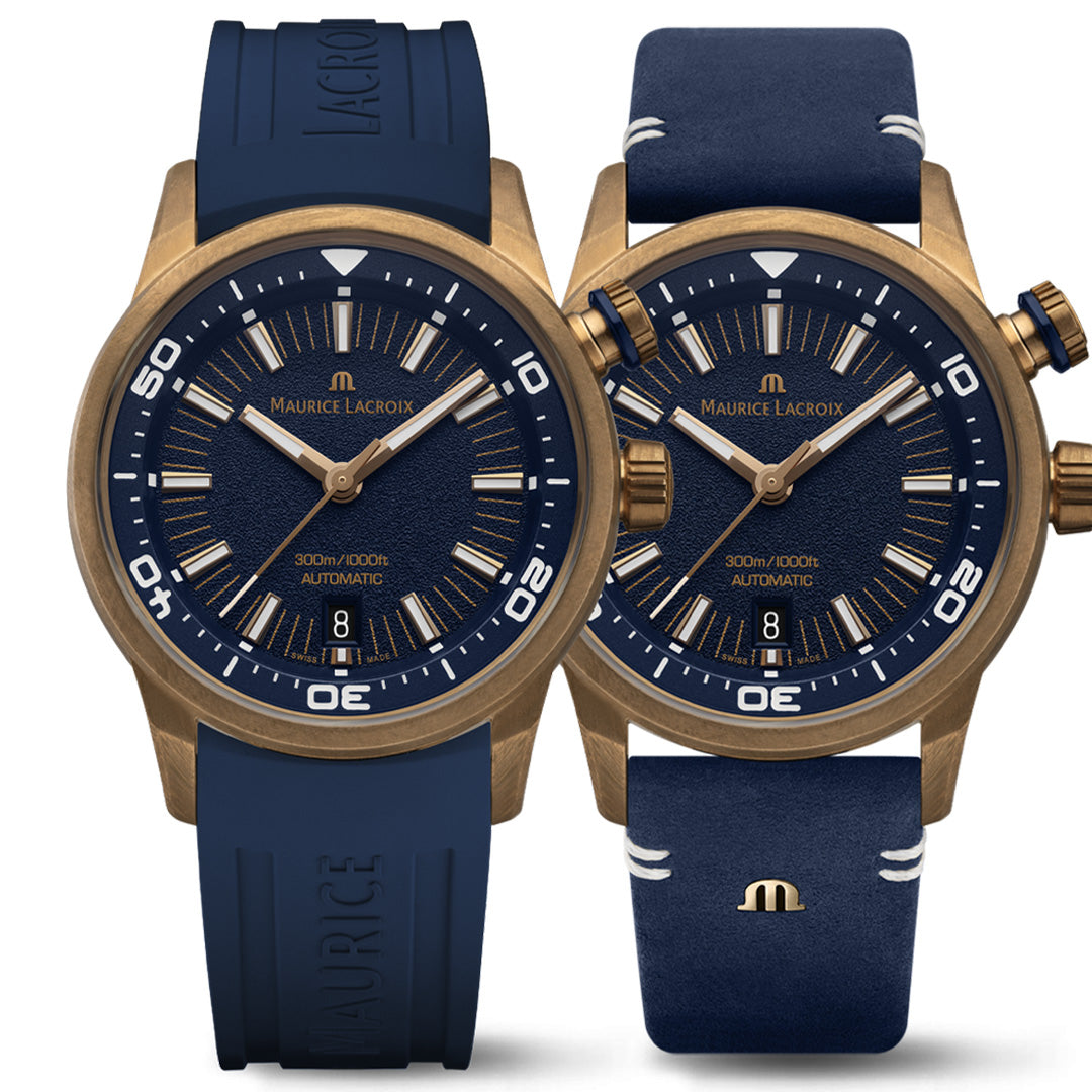 Maurice Lacroix Swiss Made Pontos S Diver 42mm Dark Blue Leather Dual Strap Watch