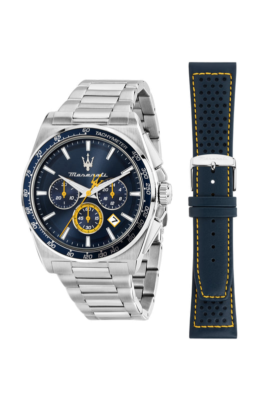 Maserati Velocita 43mm Chrono Blue Dial Stainless Steel Strap and Blue Leather Strap Watch