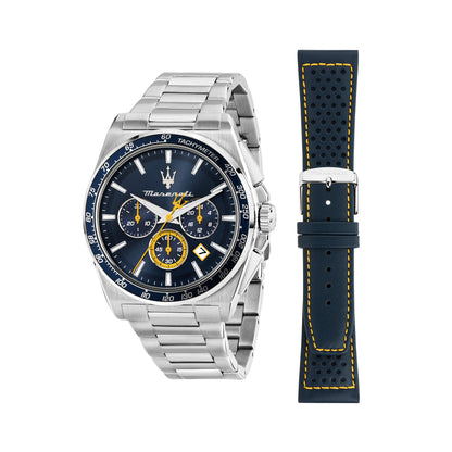 Maserati Velocita 43mm Chrono Blue Dial Stainless Steel Strap and Blue Leather Strap Watch
