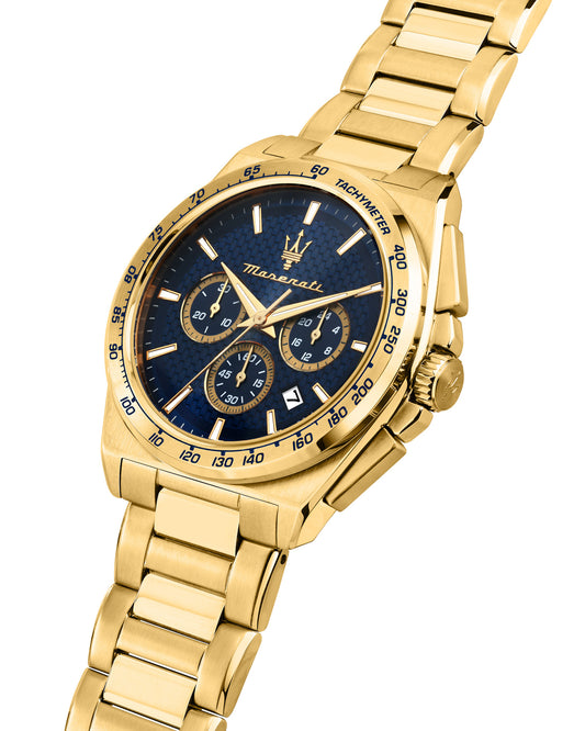 Maserati Velocita 43mm Chrono Blue Dial Gold Stainless Steel Strap Watch