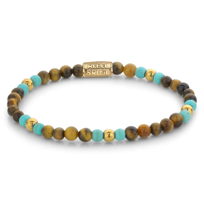 Rebel and Rose Mix Tiger Turquoise Yellow Gold Plated 4mm Bracelet