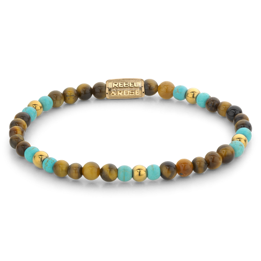 Rebel and Rose Mix Tiger Turquoise Yellow Gold Plated 4mm Bracelet