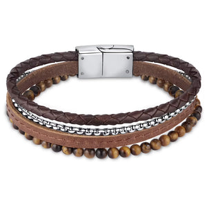 Sector Bandy Bracelet  Brown Leather and Tiger Eye Stone 22.5cm