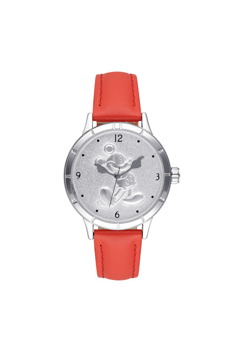 Disney Disney Mickey's 90th Sculpted Silver Dial Red Leaather Strap Watch