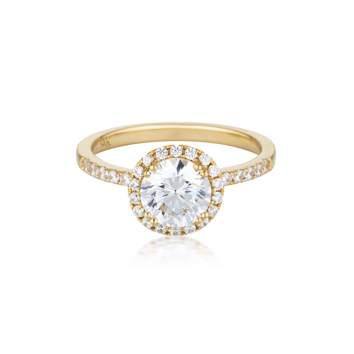 GEORGINI GOLD ROUND BRILLIANT CUT 1.25CTW MOISSANITE HALO ENGAGEMENT RING IN 9CT YELLOW GOLD