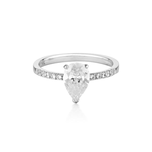 GEORGINI GOLD PEAR CUT AND ROUND BRILLIANT 1.5CTW MOISSANITE ENGAGEMENT RING IN 9CT WHITE GOLD