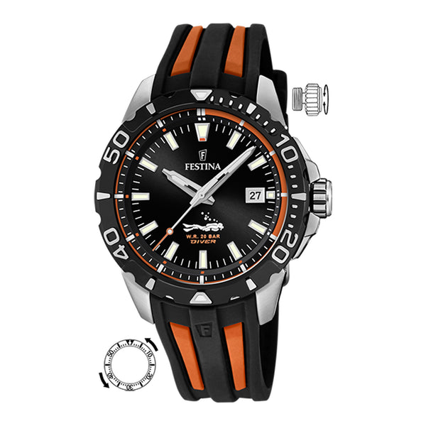Festina Original Divers 44.5mm Orange Rubber Strap Watch