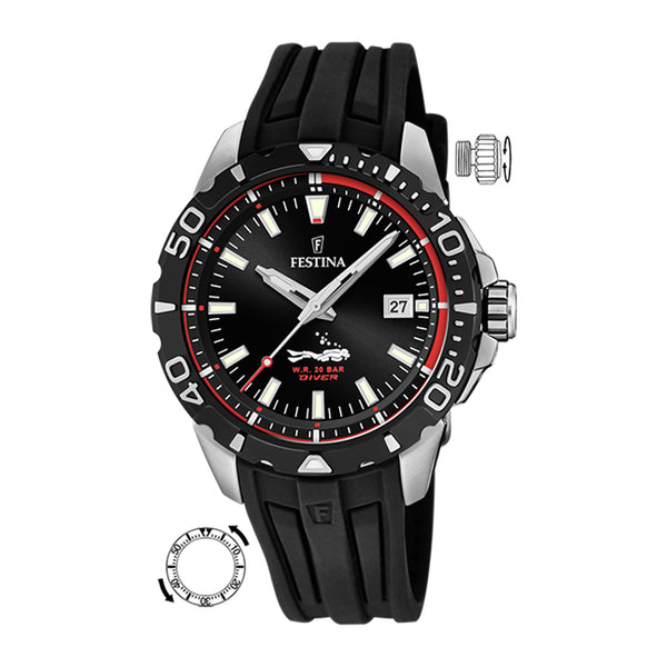 Festina Original Divers 44.5mm Black Rubber Strap Watch