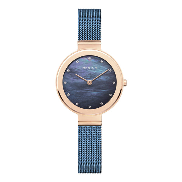 Bering Classic 28mm Rose Gold Blue Milanese Strap Watch