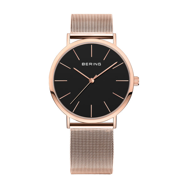 Bering Classic 36mm Black Rose Gold Milanese Strap Watch