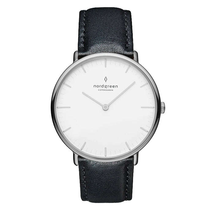 Nordgreen Native 36mm White Automatic with Black Leather Strap Watch