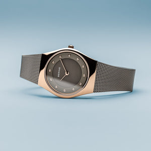 Bering Classic Polished Rose Gold Grey Mesh Watch