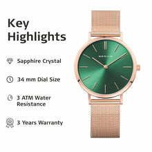 Load image into Gallery viewer, Bering Rose Gold Polished Green Watch