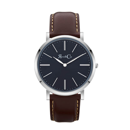 Rose & Coy Pinnacle Ultra Slim 40mm Silver | Dark Brown Leather | Blue Sunray Dial Watch