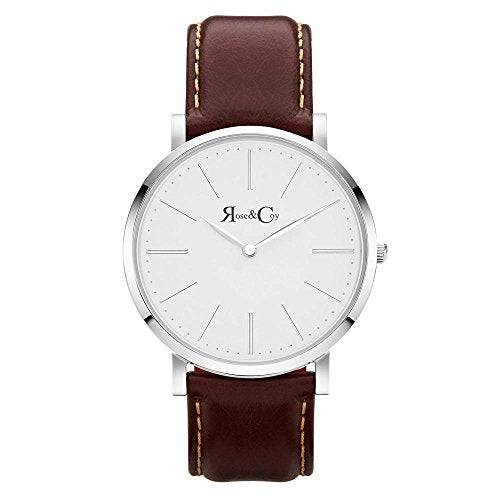 Rose & Coy Men's Quartz Pinnacle Ultra Slim 40mm White Dial Watch with Silver Case with Dark Brown Leather Strap analog Display and Leather Strap, RC0602