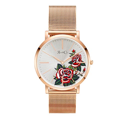 Rose & Coy Women's Quartz Art Series Golden Red Rose Ultra Slim 40mm Rose Gold Mesh Strap Watch analog Display and Stainless Steel Strap, RCA1102