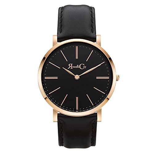 Rose & Coy Women's Quartz Pinnacle Ultra Slim 40mm Black Dial Watch with Rose Gold Case with Black Leather Strap analog Display and Leather Strap, RC0103