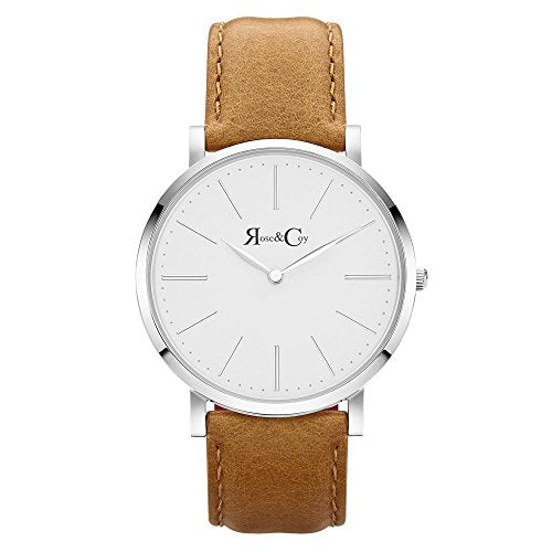Rose & Coy Men's Quartz Pinnacle Ultra Slim 40mm White Dial Watch with Silver Case with Light Brown Leather Strap analog Display and Leather Strap, RC0402
