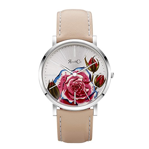 Rose & Coy Women's Quartz Art Series Pink Rose Ultra Slim 40mm Peach Leather Strap Watch analog Display and Leather Strap, RCA0201