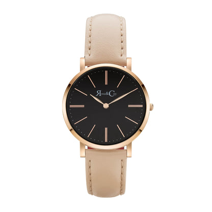 Rose & Coy Mini Pinnacle Ultra Slim 34mm Black Dial | Peach Leather Watch
