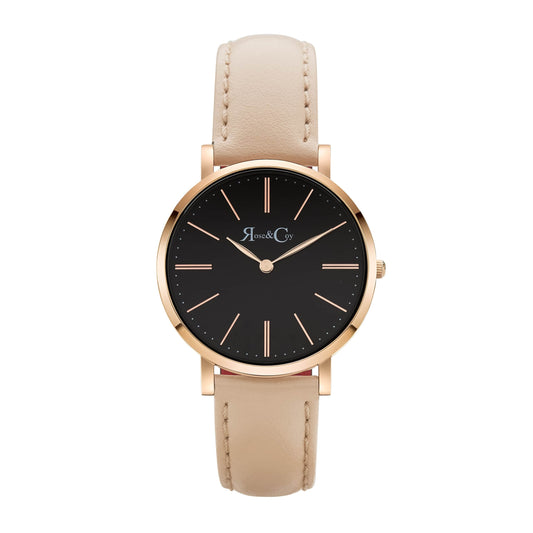 Rose & Coy Mini Pinnacle Ultra Slim 34mm Black Dial | Peach Leather Watch
