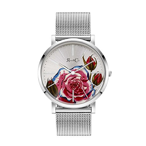 Rose & Coy Women's Quartz Art Series Pink Rose Ultra Slim 40mm Silver Mesh Strap Watch analog Display and Stainless Steel Strap