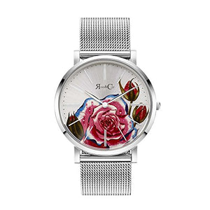 Rose & Coy Women's Quartz Art Series Pink Rose Ultra Slim 40mm Silver Mesh Strap Watch analog Display and Stainless Steel Strap, RCA0202