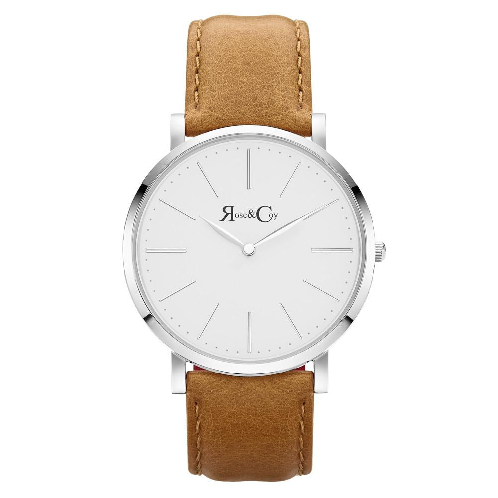 Rose & Coy Pinnacle Ultra Slim 40mm Silver | Tan Leather Watch