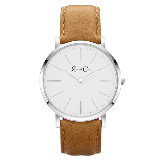 Rose & Coy Pinnacle Ultra Slim 40mm Silver | Tan Leather Watch