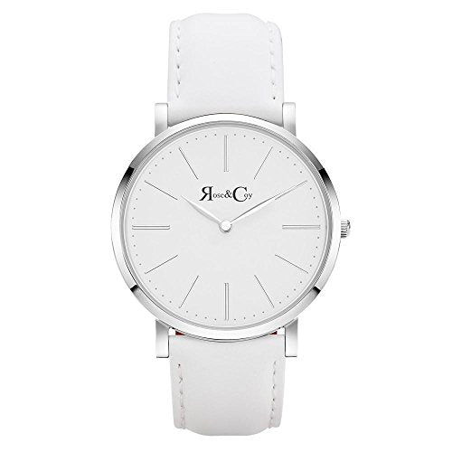 Rose & Coy Men's Quartz Pinnacle Ultra Slim 40mm Silver Leather Strap Watch analog Display and Leather Strap, RC0202