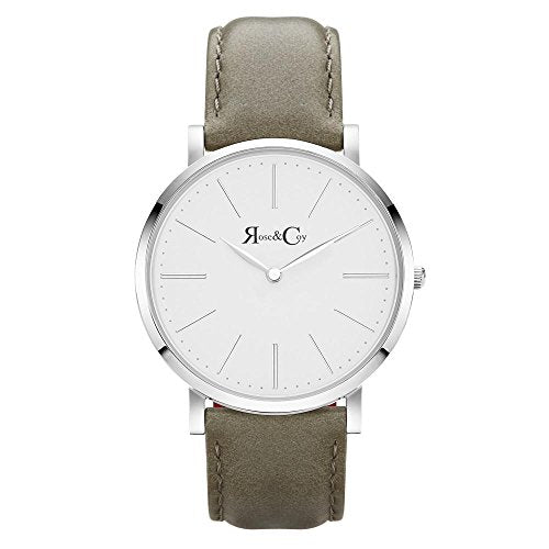 Rose & Coy Men's Quartz Pinnacle Ultra Slim 40mm White Dial Watch with Silver Case with Grey Leather Strap analog Display and Leather Strap, RC0702
