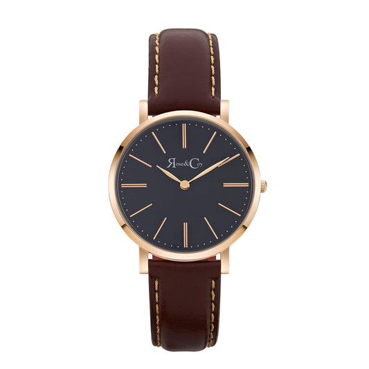 Rose & Coy Mini Pinnacle Ultra Slim 34mm Rose Gold | Dark Brown | Blue Sunray Dial Watch